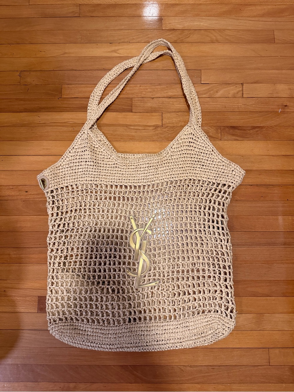 Yves Saint Laurent Cream Crochet Tote with Gold YSL Logo